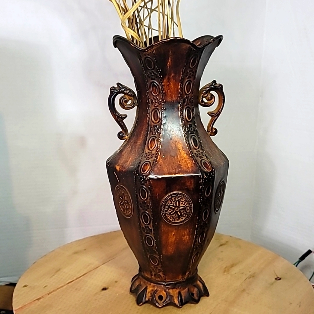 Vintage Vase Metal Chinese Decorative  with Handles on Side 13" Hand Crafted
